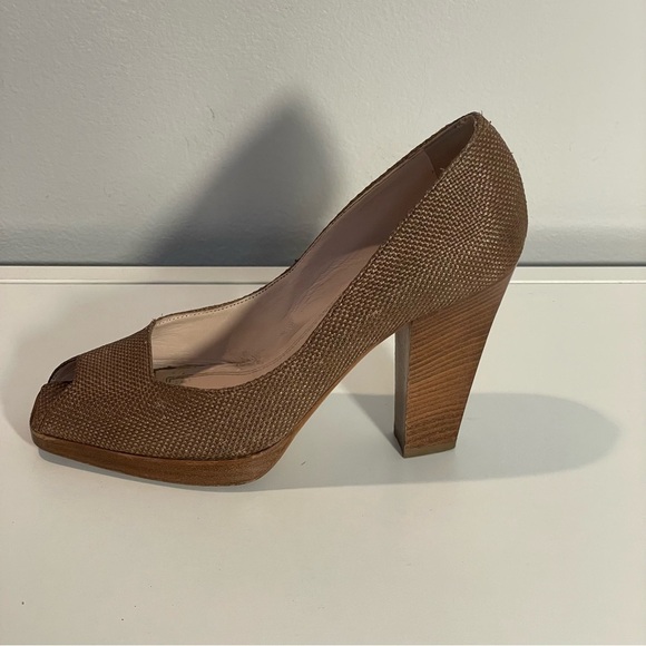 Sergio Rossi Brown Pearlized Linen Fabric Open Toe Heel Slip On Pump  Shoe Sz 36 - Picture 7 of 10